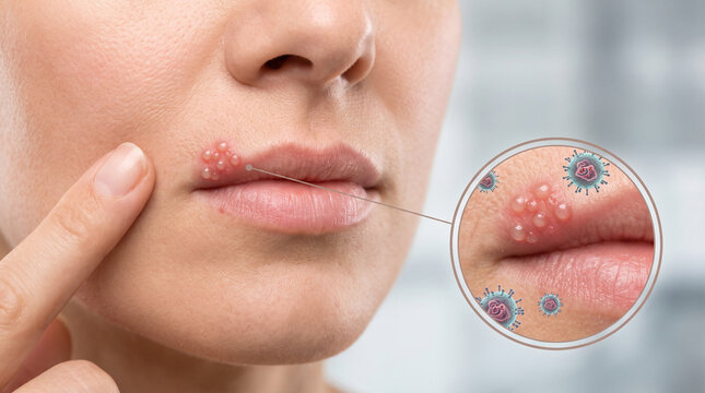 Close-up of cold sore on lips with herpes simplex virus medical illustration