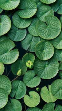 Green lily pads floating on dark water surface