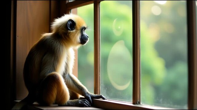 A monkey sitting on a window sill looking out