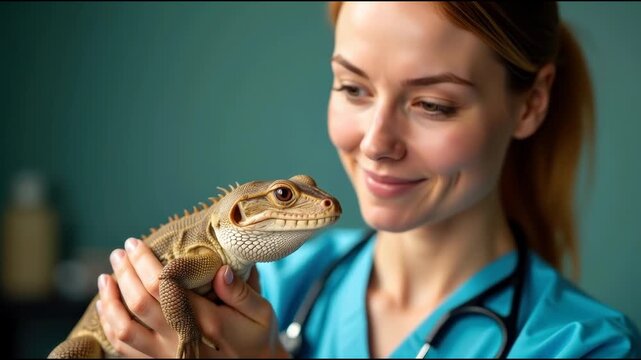 A woman holding a lizard in her hands, a reptile companion