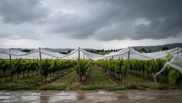 A wide view of a vineyard with protective white netting over the rows under a dark, stormy sky with ominous clouds and rolling hills in the background
