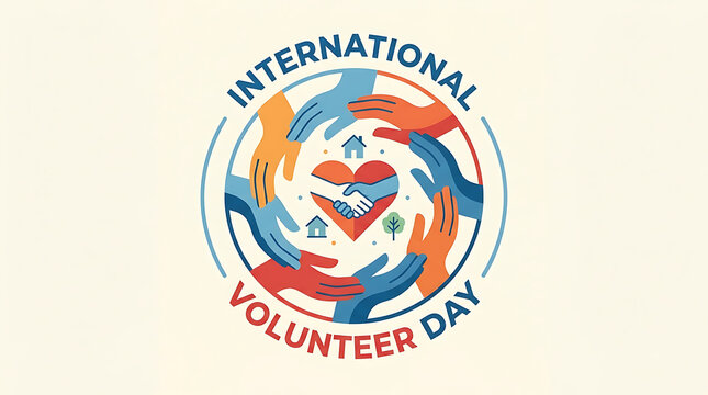International volunteer day circular emblem with diverse hands forming a community circle around