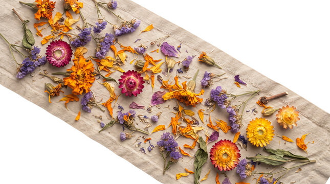 Rustic dried flowers on linen fabric, colorful botanical potpourri arrangement, vintage floral herbarium for wellness and spa isolated PNG with Transparent Background