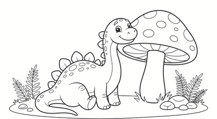 Cute cartoon dinosaur sitting next to a large mushroom in a forest setting for children coloring page © Razia