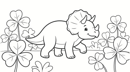 Cute cartoon triceratops dinosaur walking through a patch of clover leaves for children coloring book page illustration © Razia