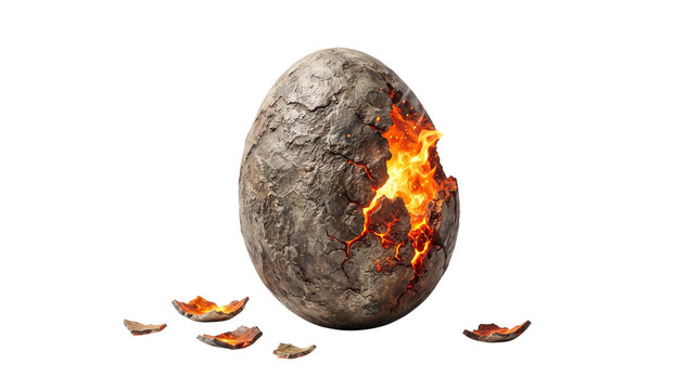 Fantasy dragon egg with glowing lava cracks, mystical stone egg hatching with fire, prehistoric volcanic rock egg isolated PNG with Transparent Background