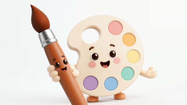 Cute 3D paint palette and brush characters for art class on white
