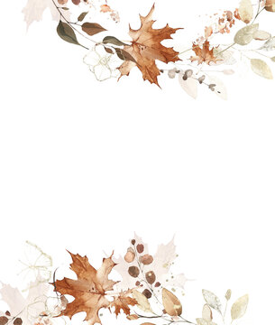 Watercolor hand painted autumn foliage corner frame. Red, beige, brown autumn wild greenery, eucalyptus branches, maple leaves and twigs. Dry plants template design.
