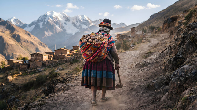 Rear view of a traditional Andean indigenous woman walking along a mountain path, carrying a fresh harvest of potatoes in a vibrant woven textile on her back, with snow-capped peaks and a small vil...