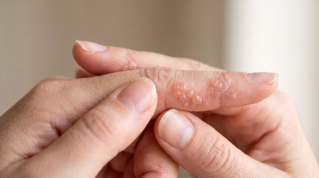 Dyshidrotic eczema (pompholyx) with small fluid-filled blisters on the finger &mdash; close-up medical dermatology concept
