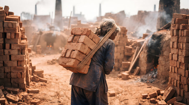An older female worker laboring under a heavy load of red clay bricks strapped to her back at a traditional brick kiln factory, surrounded by smoke, dust, and stacks of bricks in a dusty industrial...