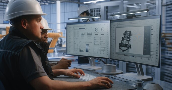 Engineers Collaboratively Program, Monitor Robotic Production Equipment, Entering Commands, Reviewing Operating Parameters to Optimize Automated Manufacturing Workflows in Modern Industrial Facility.