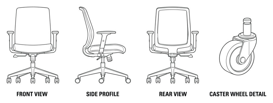 Office chair with adjustable height and castor wheel for ergonomic seating.