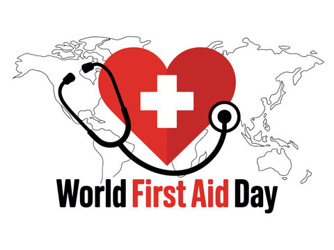 World first aid day vector graphic featuring a red heart with medical cross with stethoscope against global
