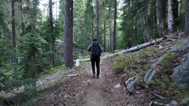 4K smooth stabilized action camera footage of a lone hiker with a large backpack hiking the famous Pacific Crest Trail in dense evergreen forest of Diamond Peak Wilderness, Oregon, USA  