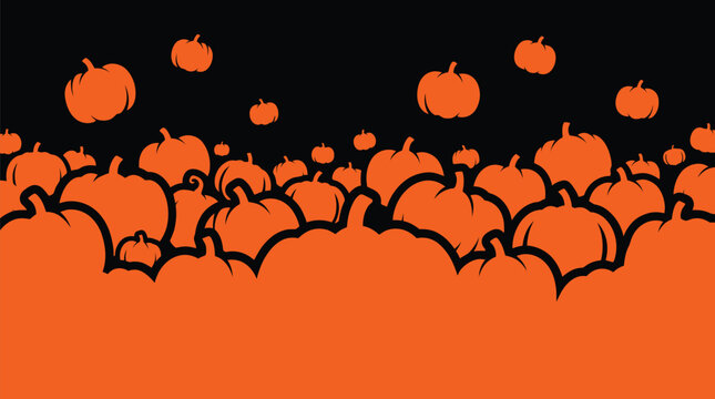 A festive halloween background featuring a dense collection of orange pumpkins against a dark black sky for seasonal holiday design projects