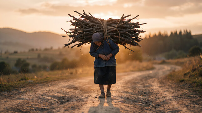 An elderly peasant woman carrying a massive bundle of dry firewood tied to her back, walking down a dusty rural dirt road during a warm, golden sunset. A scenic countryside landscape with mountains...