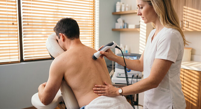 Female physical therapist in a white uniform applying ultrasound therapy to the back of a male patient sitting in a massage chair.