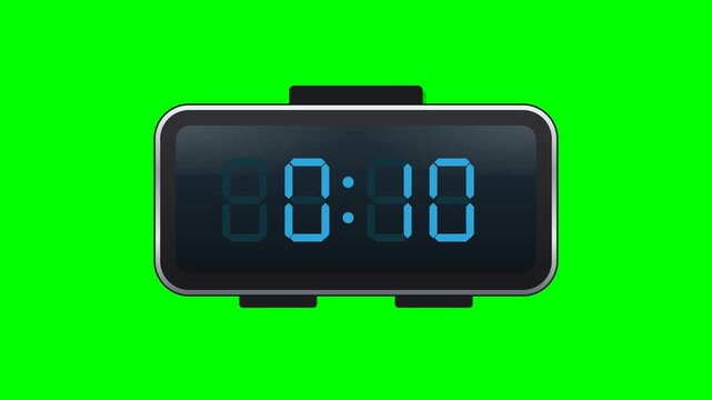 Flat vector digital alarm clock like the reference on solid chroma green background: chrome silver rounded rim, dark body, top snooze bar firmly attached to the main body with no gap, dark blue LCD sc