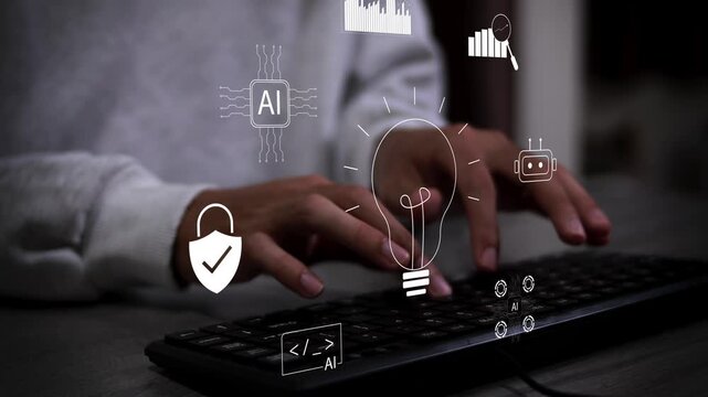 Artificial intelligence technology with AI assistant, smart business automation, data analytics, chatbot, machine learning, and digital innovation.