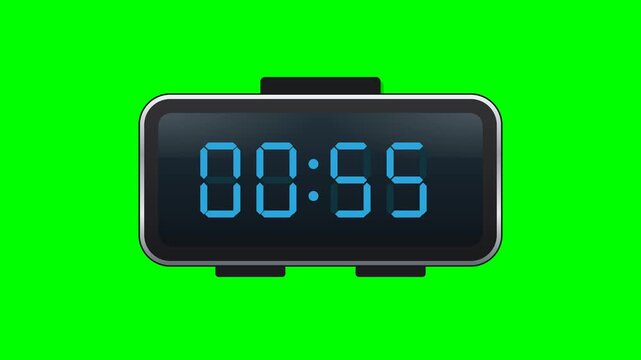 Flat vector digital alarm clock like the reference on solid chroma green background: chrome silver rounded rim, dark body, top snooze bar firmly attached to the main body with no gap, dark blue LCD sc