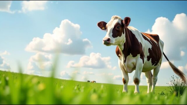 A brown and white cow standing on top of a lush green field, suitable for rural or countryside themed projects