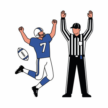 A football player celebrating a touchdown with a referee signaling.