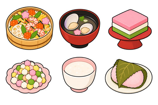 Six foods eaten at the Japanese girls' spring doll festival arranged in a neat 3x2