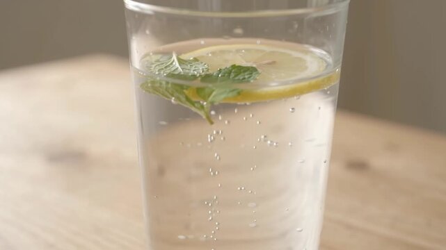 Sparkling water with fresh lemon slice and mint leaf on wooden table zooming in on rising bubbles close up.