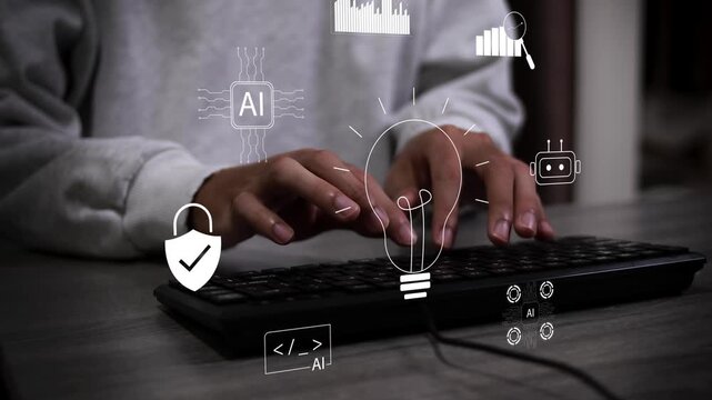 Artificial intelligence technology with AI assistant, smart business automation, data analytics, chatbot, machine learning, and digital innovation.