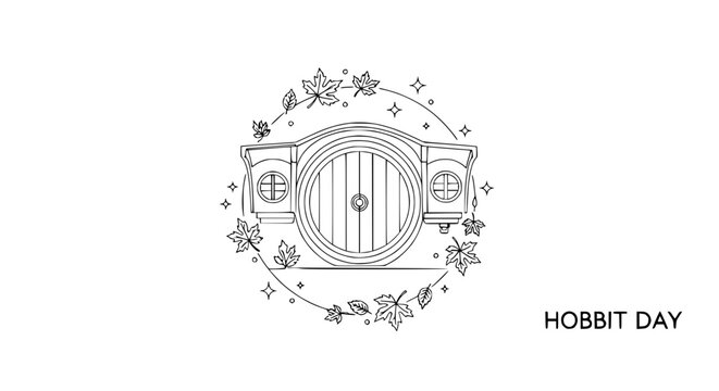 Hobbit Door Illustration with Autumn Leaves and Stars, Transparent Background