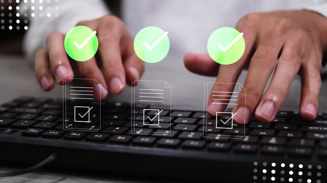 Business professional verifying digital documents with compliance inspection, quality control, and approval validation to ensure accuracy, regulatory standards, and reliable document management.