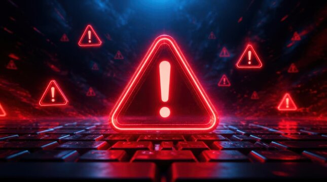 Glowing red warning sign and exclamation mark symbol over digital keyboard