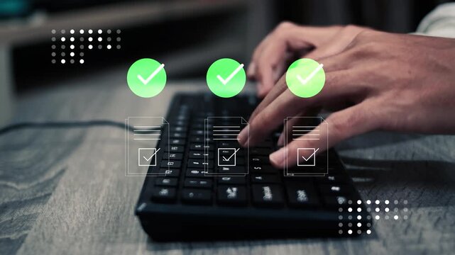 Business professional verifying digital documents with compliance inspection, quality control, and approval validation to ensure accuracy, regulatory standards, and reliable document management.