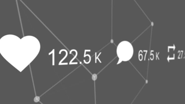 Hit like on post in social network on smartphone screen, animation of increasing number of likes, comments and reposts icons.