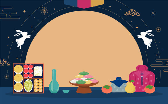 Happy Chuseok background vector illustration. Traditional Korean chuseok gift set.