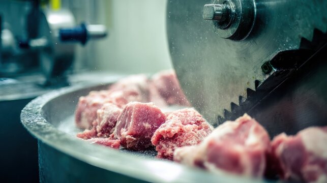 Ground Pork Pack Raw meat being processed by a circular saw blade in a food processing facility.