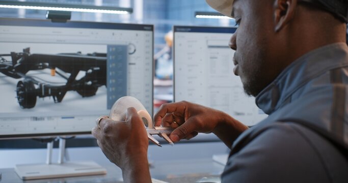 Engineer Verifies Machined Component Dimensions Against CAD Model on Monitor, Combining Physical Measurement With Digital Twin Technology For Robotic Manufacturing, Prototyping, Metrology and Design.
