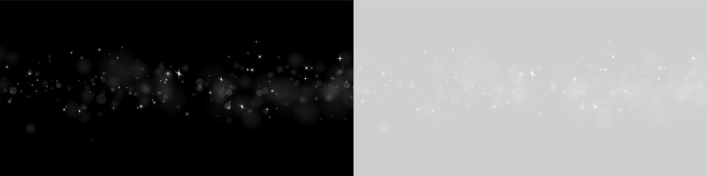 A horizontal stream of glowing silver particles and sparkling bokeh shapes floats evenly across a black background. The luminous effect features soft, diffused circles and bright.