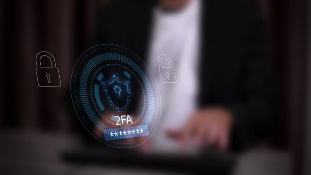 User enabling two-factor authentication (2FA) laptop for secure login. Cybersecurity concept with digital password protection and identity verification technology.