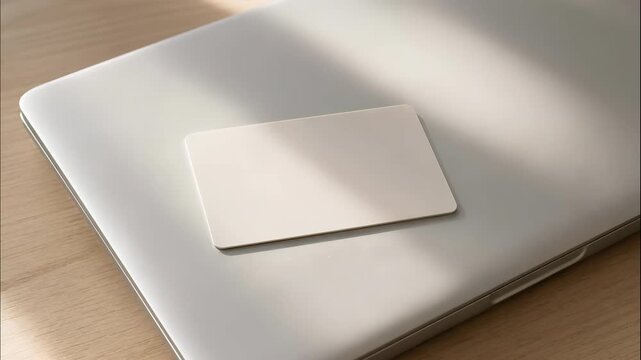Minimalist laptop computer blank card wooden desk office workplace table with soft light modern workspace clean design neutral color wood surface