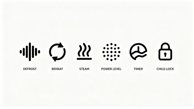 The thick line microwave oven operation identification icon represents the defrosting and reheating steam power timed child lock, suitable for product manuals and webpage functional modules.
