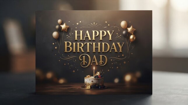 Elegant Happy Birthday Dad Card with Gold Lettering and Cake