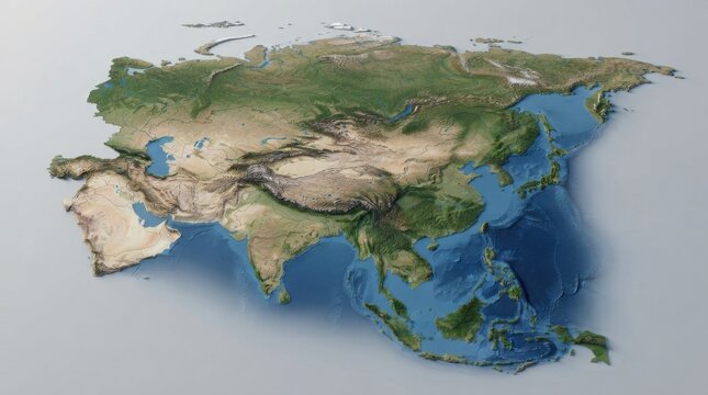Realistic 3D Topographic Relief Map of the Asian Continent