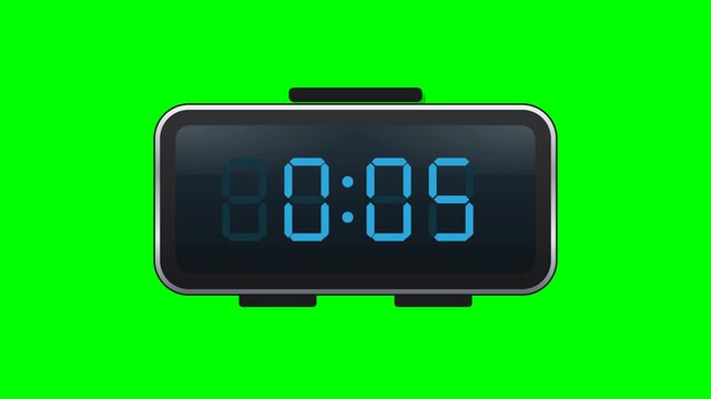 Flat vector digital alarm clock like the reference on solid chroma green background: chrome silver rounded rim, dark body, dark blue LCD screen with soft elliptical glass shine that starts from the to