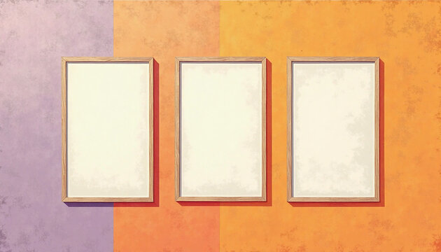 Three blank wooden frames mockup hanging in a row on colorful textured wall