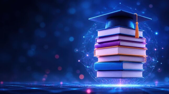Graduation cap resting on a stack of colorful books with glowing blue digital network background