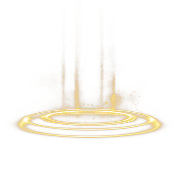 Golden Circular Light Portal With Triple Glowing Rings, Vertical Rays And Spark Particles On Transparent Background