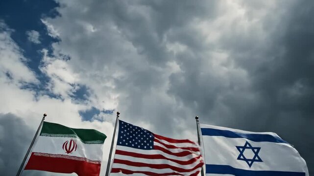 Three national flags of Iran, USA, and Israel waving against a dramatic stormy sky filled with dark heavy clouds.