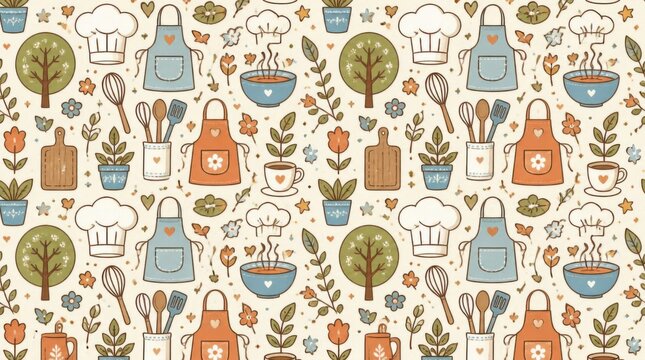 Hand drawn kitchen seamless pattern with cute cooking elements
